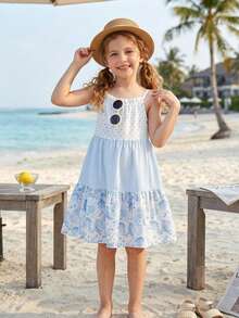 Young Girl Cute & Fun Floral Polka Dot Pattern Beach Vacation Camisole Dress, Suitable For Summer - Blue - View 1