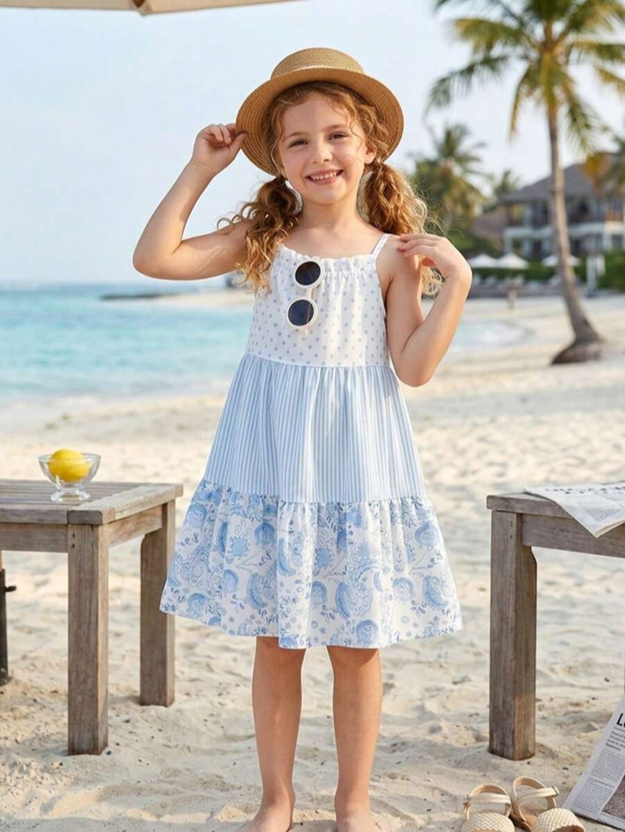 Young Girl Cute & Fun Floral Polka Dot Pattern Beach Vacation Camisole Dress, Suitable For Summer - Blue - View 1