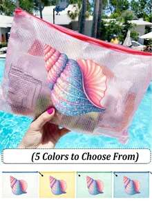 Multi-Color Waterproof Fashion Mesh Beach Bag, Featuring Vibrant "Shell" Pattern Design, This Beach-Themed Cosmetic Bag Has Large Capacity, Transparent Design, Equipped With Nylon Zipper. - Multicolor - View 6