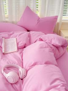 Blue And White Color Block Washed Polyester Skin-Friendly 3 PiecesDuvet Cover Set - Pink - View 6
