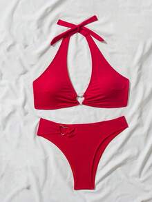 New 2026 Model: Women's Heart-Shaped Neck Tie Bikini Set - [Red] - View 6