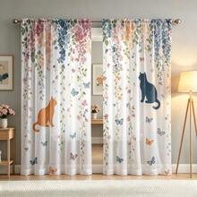 2pcs Sheer Curtains Featuring A Cat And Floral Motif,Adorned With Watercolor-Style Trailing Vines,Butterflies,And Cat Silhouettes,Translucent Curtains Feature A 2D Flat Print,Suitable For Use In Dining Rooms,Living Rooms,And Balconies. - Multicolor - View 6
