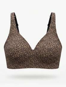 DAZY Women's Leopard Print Wireless Bra, Seamless V-Neck Push-Up T-Shirt Bra, Adjustable Shoulder Straps - Mocha Brown - View 7
