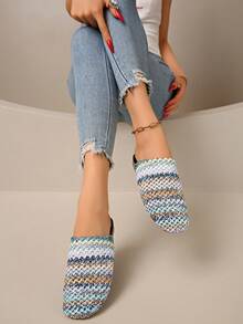 波希米亞風彩色編織包頭涼鞋，夏季休閒透氣圓頭女款拖鞋，沙灘旅行穿搭戶外鞋 - 藍色 - 查看 5