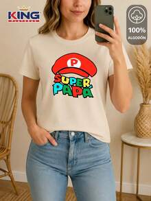 SHENDY VENDY Playera estampada de dama, 100% algodón manga corta - "Super Papá" Estilo Retro Gamer - Beis - Ver 2