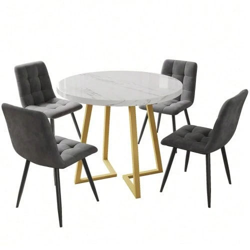 Dining Set (5 Pieces), Including A Table And Four Chairs, A Modern Kitchen Set, A Round Table 80 Cm In Diameter With Gold Metal Legs, A White MDF Top And Dark Grey Velvet Dining Chairs. - 彩色 - 查看 1