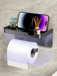 2pcs No-Drill Toilet Paper Holder With Phone Shelf, Wall-Mounted Bathroom Tissue Rack, Multifunctional Storage Shelf - Black - View 3