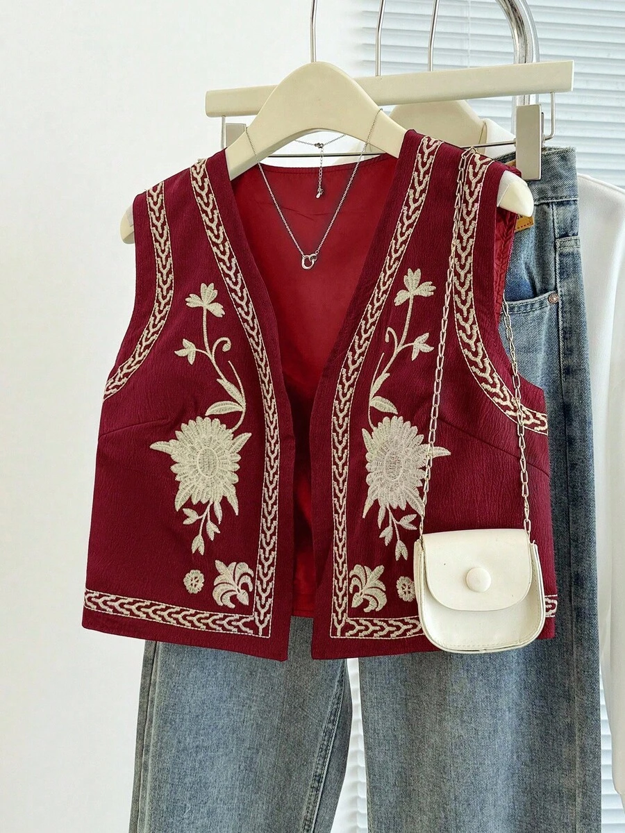 Chaleco informal con abertura frontal y bordado floral para mujer - Burdeos - Ver 1