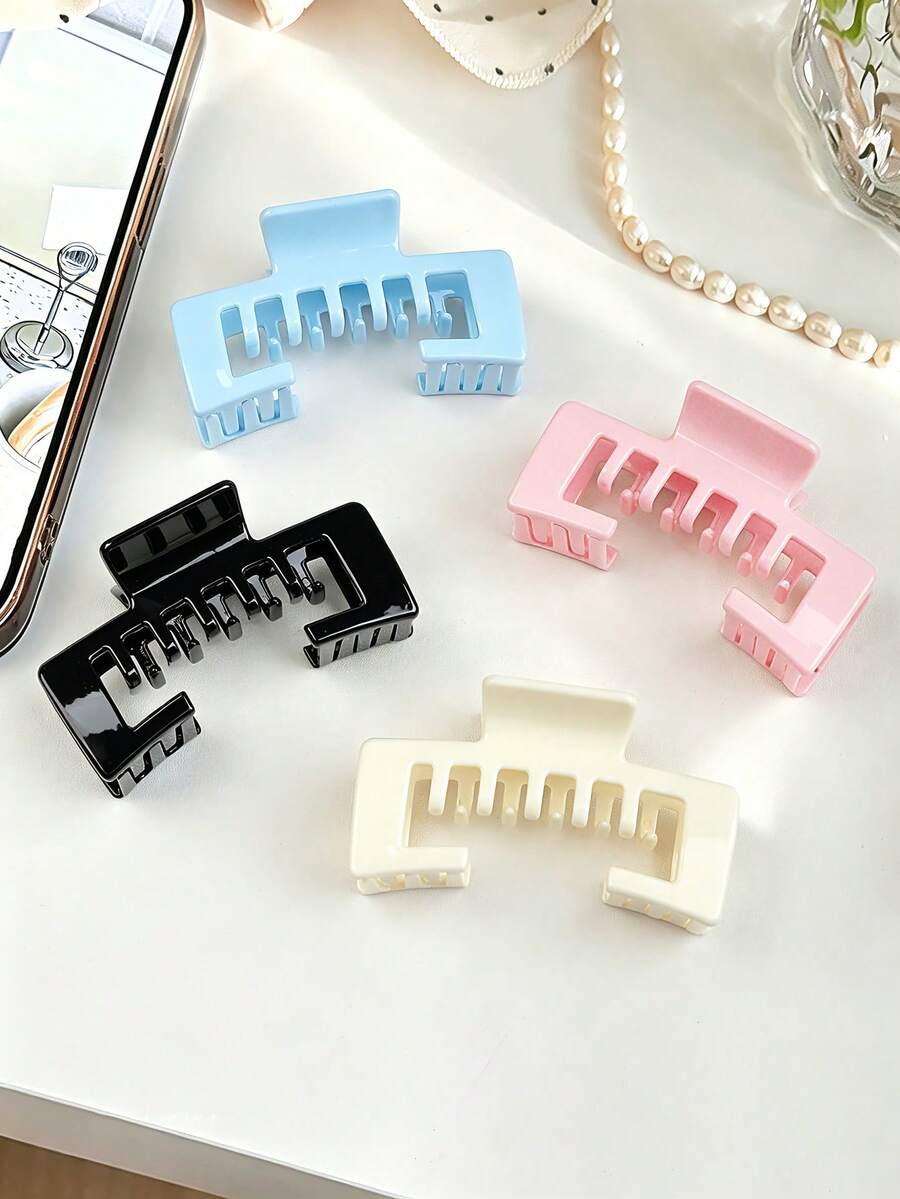 4pcs Minimalist Fresh Glossy Gap Square Hair Claw Clips, Versatile Daily Wear With Hat, Anti-Slip Updo Double Tooth Hair Grips, Suitable For Thick Hair Summer Hair Accessories Vacay Hair Clips - Multicolor - View 1