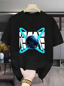 Camiseta de hombre% algodón con diseño de la tierra, moderna y única, de corte sencillo, manga corta, unisex (para hombres y mujeres), material cómodo, adecuada para todas las estac - Negro - Ver 1
