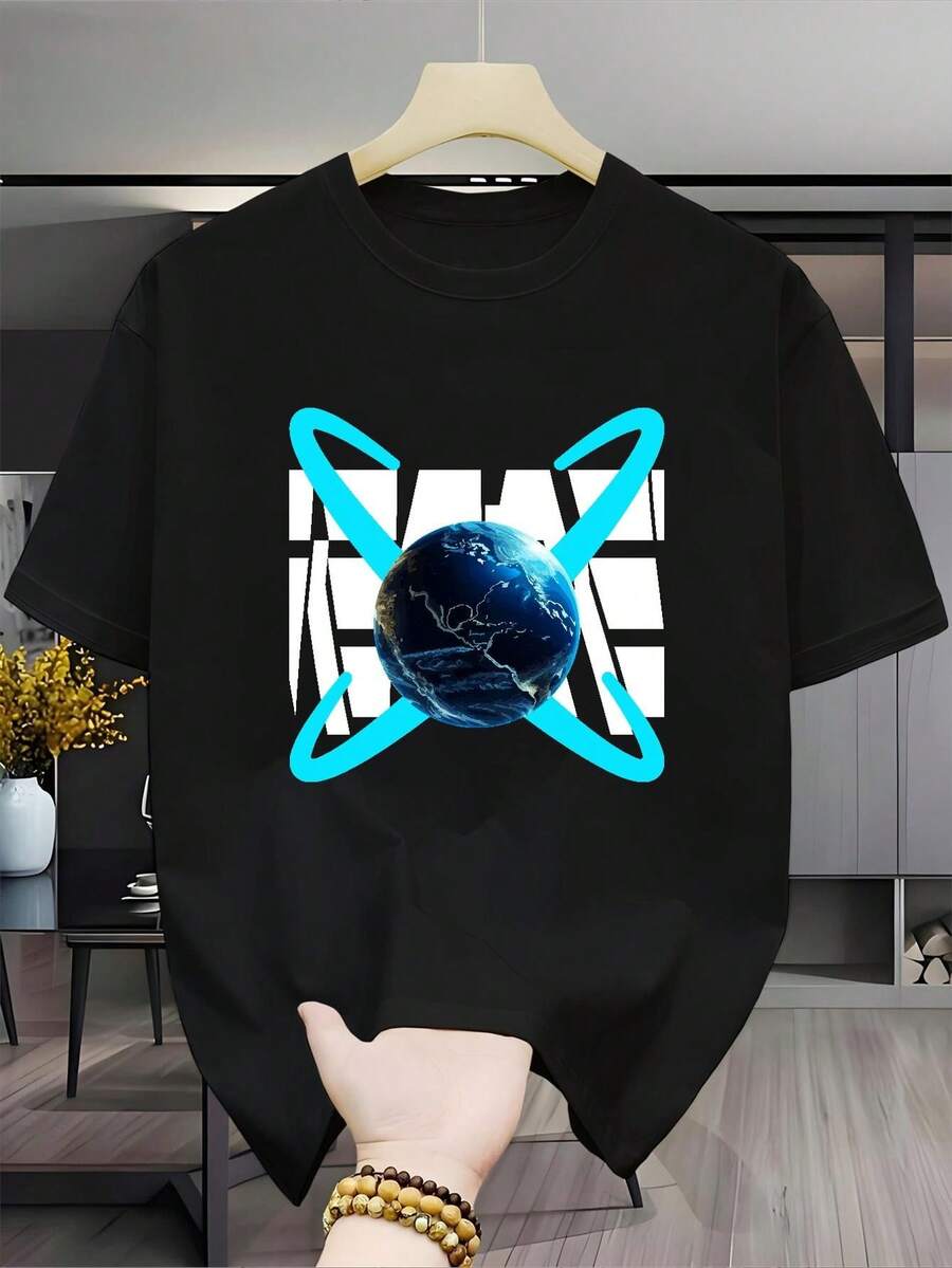 Camiseta de hombre% algodón con diseño de la tierra, moderna y única, de corte sencillo, manga corta, unisex (para hombres y mujeres), material cómodo, adecuada para todas las estac - Negro - Ver 1