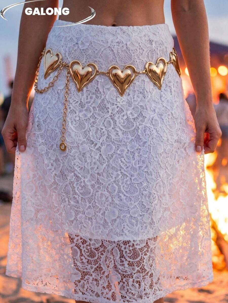Accesorio esencial para festival de música y vacaciones en la playa, cinturón de cadena de corazón de metal vintage, cadena de cintura a juego para vestido de encaje blanco de moda personalizada - Cadena para la cintura con forma de corazón - Ver 1