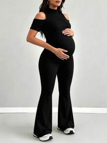 Mono de maternidad de unicolor con hombros descubiertos negro para verano - Negro - Ver 3