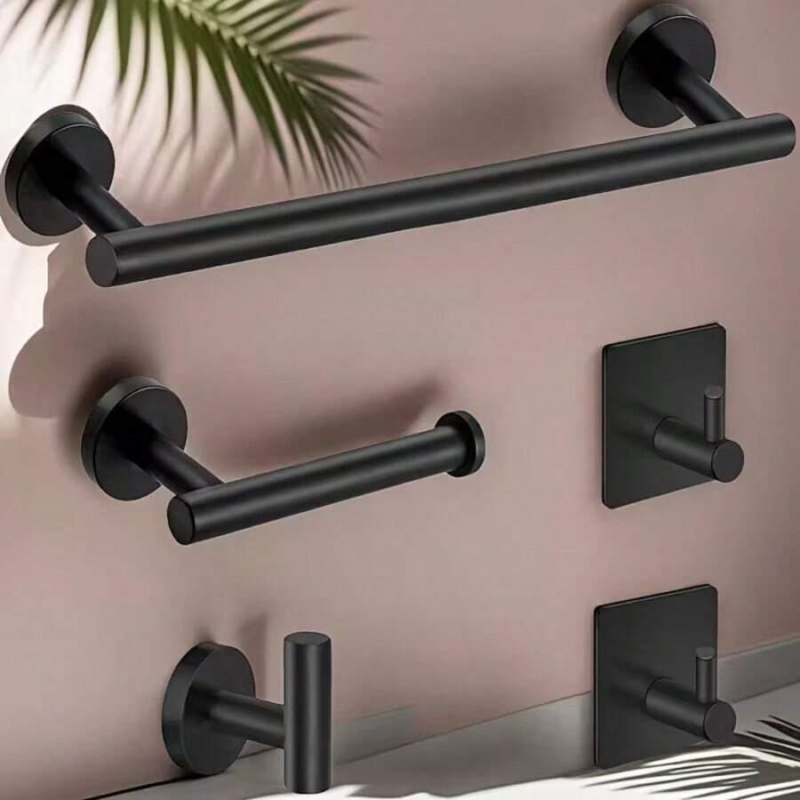 5pcs Upgraded Stainless Steel Bathroom Hardware Set, Cabinet Towel Bar Wall Mount Bathroom Organizer, Modern Bathroom Accessories Set, Wall-Mounted Space-Saving, Waterproof And Rust-Proof, Suitable For Bathroom And Kitchen Towel Rack, Paper Holder, Hooks, Can Hang Towels, Paper, Bath Towels, Clothes - Multicolor - View 1