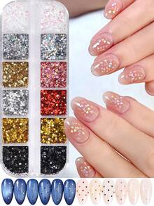12-Grid 1mm Ultra-Mini Star & Heart Glitter Nail Art Sequins, Ultra-Thin Y2K Holographic Laser Gold Silver Pink Aurora Glitter, Small Heart Nail Decoration Accessories, Japanese Salon DIY Supplies - Multicolor - View 1