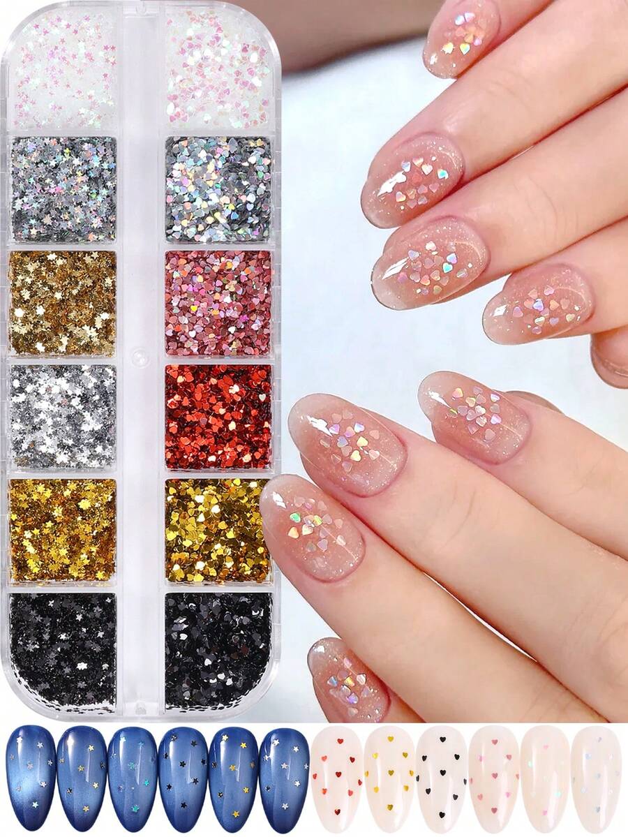 12-Grid 1mm Ultra-Mini Star & Heart Glitter Nail Art Sequins, Ultra-Thin Y2K Holographic Laser Gold Silver Pink Aurora Glitter, Small Heart Nail Decoration Accessories, Japanese Salon DIY Supplies - Multicolor - View 1