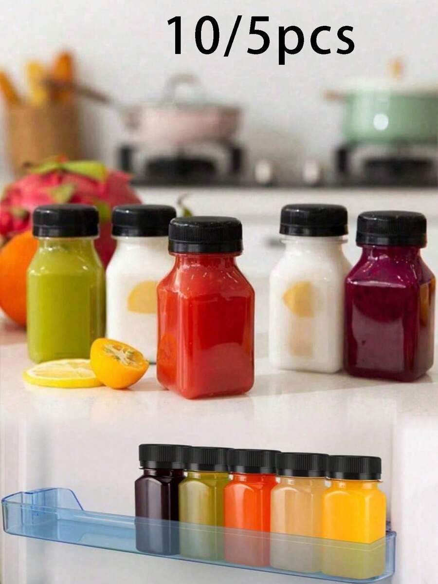 5/10 piezas Botellas de jugo de plástico transparente, Frasco de condimentos portátil, Botellas de plástico pequeñas para líquidos, Botellas de almacenamiento de jugo con tapa, Recipiente de bebida transparente, Utilizado para jugo, batidos, bebidas, Recipiente para bebidas apto para congelador, a prueba de fugas, Botellas - Multicolor - Ver 1
