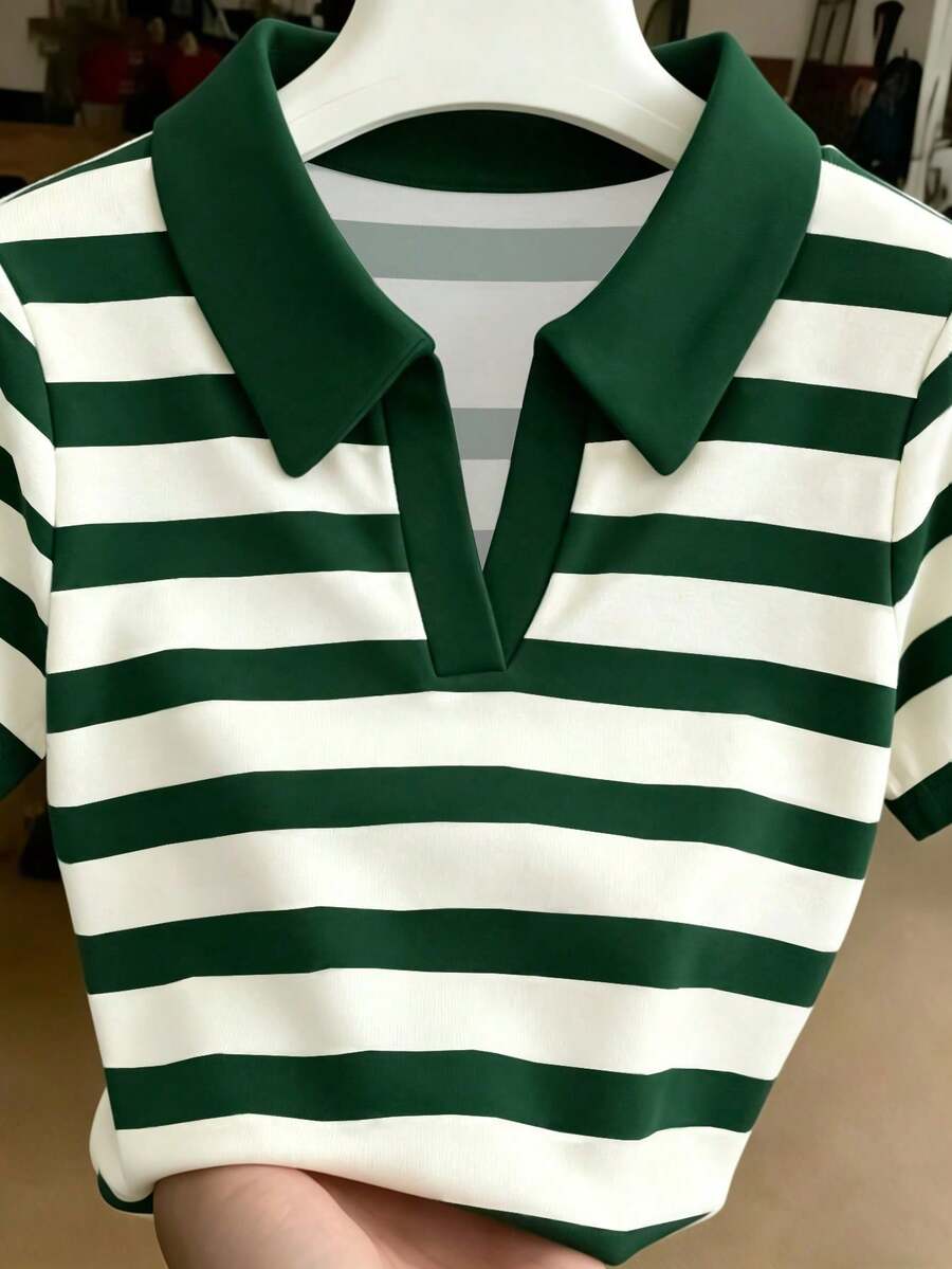 Camiseta casual de mujer de manga corta con rayas, bordado de letras y cerezas - Multicolor 9 - Ver 1
