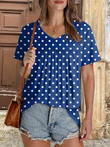 Kaos Wanita Ukuran Besar Motif Polkadot Model Kerut Kasual Lengan Pendek Leher V untuk Liburan Musim Panas - Biru - View 2