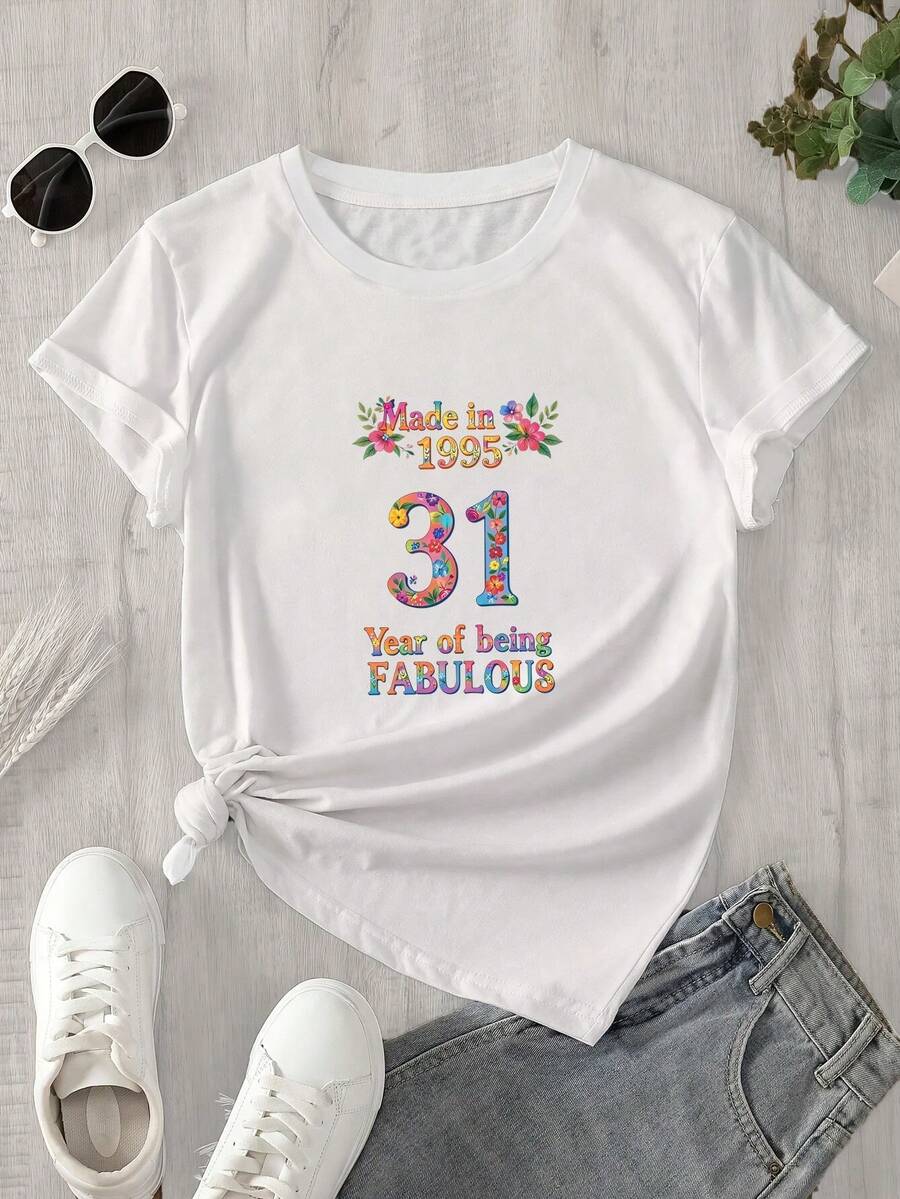 Camiseta estampada para mujer, 1 unidad, manga corta, primavera/verano, el regalo perfecto para las fiestas. - Blanco - Ver 1