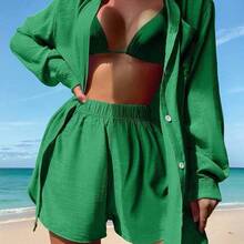 dagjydgfyja Swim Vcay Set cover up unicolor con botón delantero - Negro01 - Ver 7