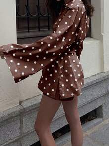 ELVA 波點寬鬆長袖襯衫，商務休閒女款罩衫，教師襯衫，優雅休閒海灘罩衫，棕色冬季款 - 棕色 - 查看 5
