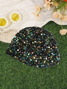 1 pieza Gorro de punto con lentejuelas, unicolor, calado, versátil y de moda - Multicolor - Ver 12