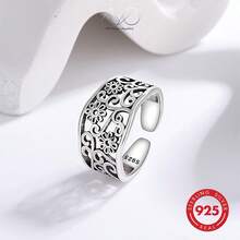 925 Sterling Silver Vintage Hollow Flower Design Open Ring, Smooth Finish, Adjustable, Suitable For Daily Wear, Party, Gift For Family And Friends, Birthday, Holiday - Gift Box - Antique Silver - View 6