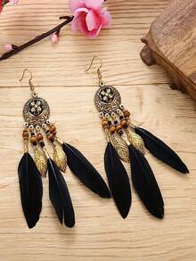 Retro Bohemian Four-Leaf Clover Round Enamel Long Tassel Earrings, White Feather Dangle Earrings For Women - Bohemia - View 15