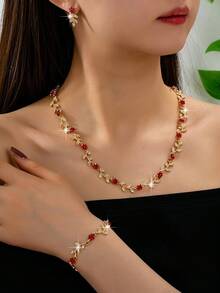 4pcs/Set Red Floral Rhinestone Women's Earrings Necklace Bracelet Wedding Dress Accessories - Red - View 6