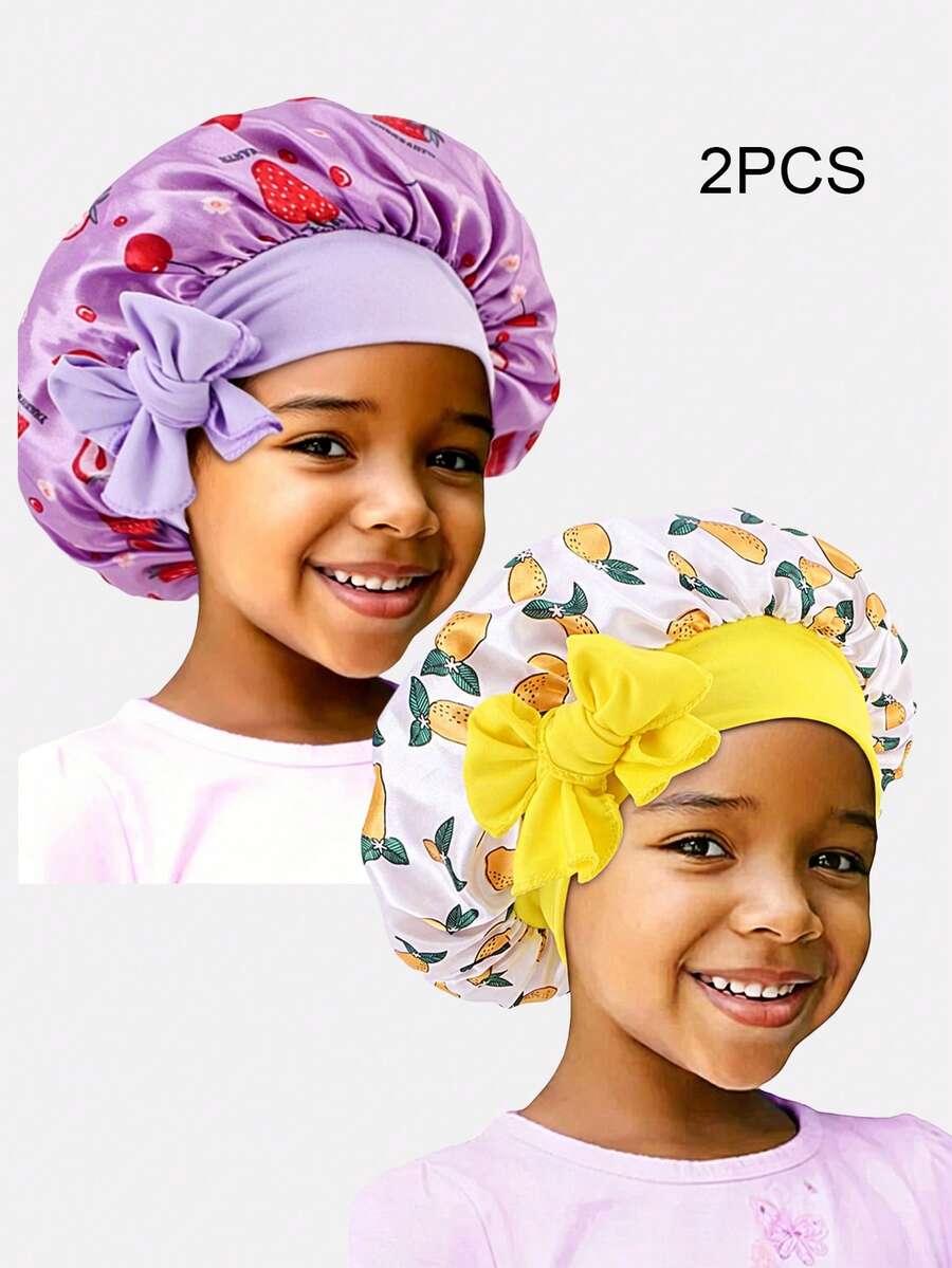 2 piezas Gorros de pelo redondos de satén con cinta elástica estampada para niños, adecuados para uso diario - JDKB-21E Morado fresa/Blanco mango - Ver 1