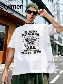 Camiseta de Hombre "God Bless America Bull Word Not Herd" para Verano, 100% Algodón Lavado, Estampada, Cuello Redondo, Manga Corta, Moda Casual y Ropa de Descanso - Blanco - Ver 1