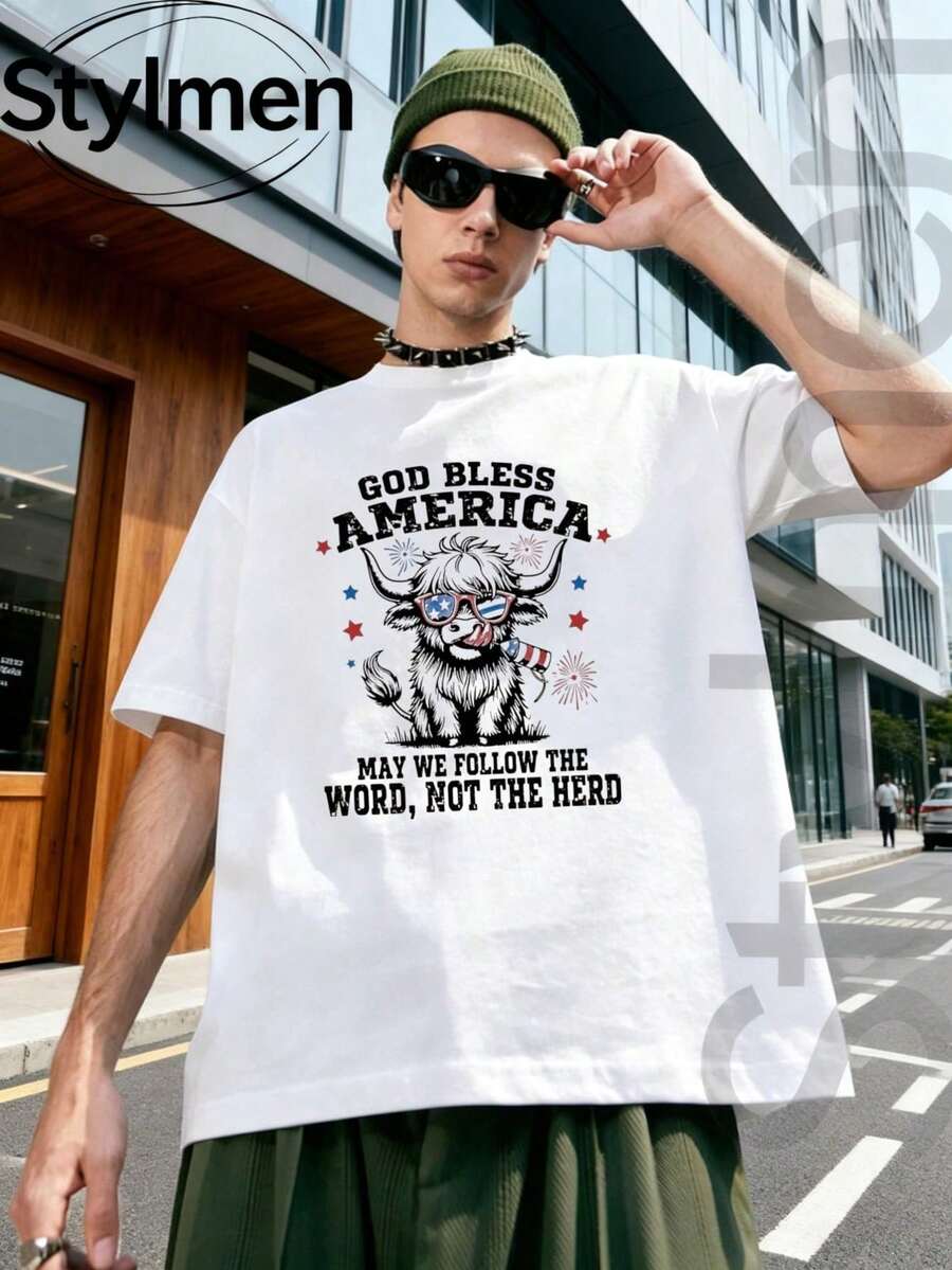 Camiseta de Hombre "God Bless America Bull Word Not Herd" para Verano, 100% Algodón Lavado, Estampada, Cuello Redondo, Manga Corta, Moda Casual y Ropa de Descanso - Blanco - Ver 1