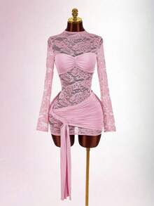 Vestido Encaje Transparente Cintas Ajustado Corto - Rosa - Ver 4