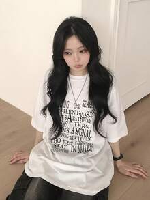 Camiseta Unisex de Algodón con Estampado de Letras, Estilo Casual Coreano y Japonés, Corte Holgado, Nueva Colección Primavera Verano VFCT - Negro - Ver 11