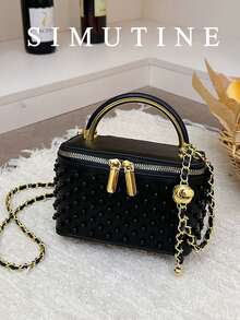 SIMUTINE Tas Kotak Fashion untuk Wanita, Tas Tote Bertekstur dengan Rivet dan Tali Rantai Serbaguna, Bahan PU, Tali Bahu yang Dapat Diatur, Tas untuk Penggunaan Sehari-hari, Cocok untuk Belanja, Bepergian, Berbelanja, Bekerja, dan Kuliah - Hitam - View 1