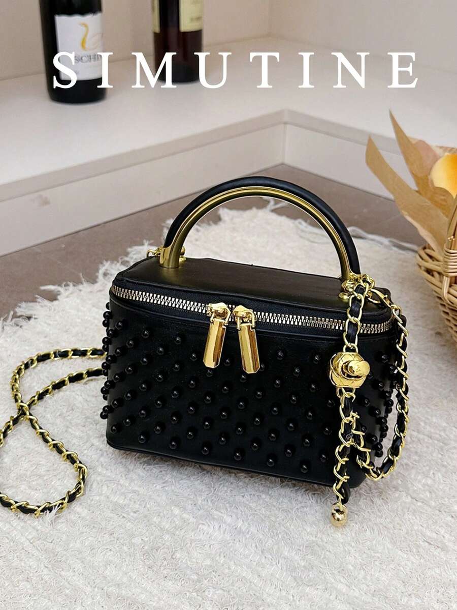 SIMUTINE Tas Kotak Fashion untuk Wanita, Tas Tote Bertekstur dengan Rivet dan Tali Rantai Serbaguna, Bahan PU, Tali Bahu yang Dapat Diatur, Tas untuk Penggunaan Sehari-hari, Cocok untuk Belanja, Bepergian, Berbelanja, Bekerja, dan Kuliah - Hitam - View 1