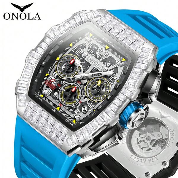  ONOLA 2026 NEW Fashion Watch Men Luxury Tonneau Diamond Mechanical Watch Chronograph Waterproof Wristwatch Gift Box