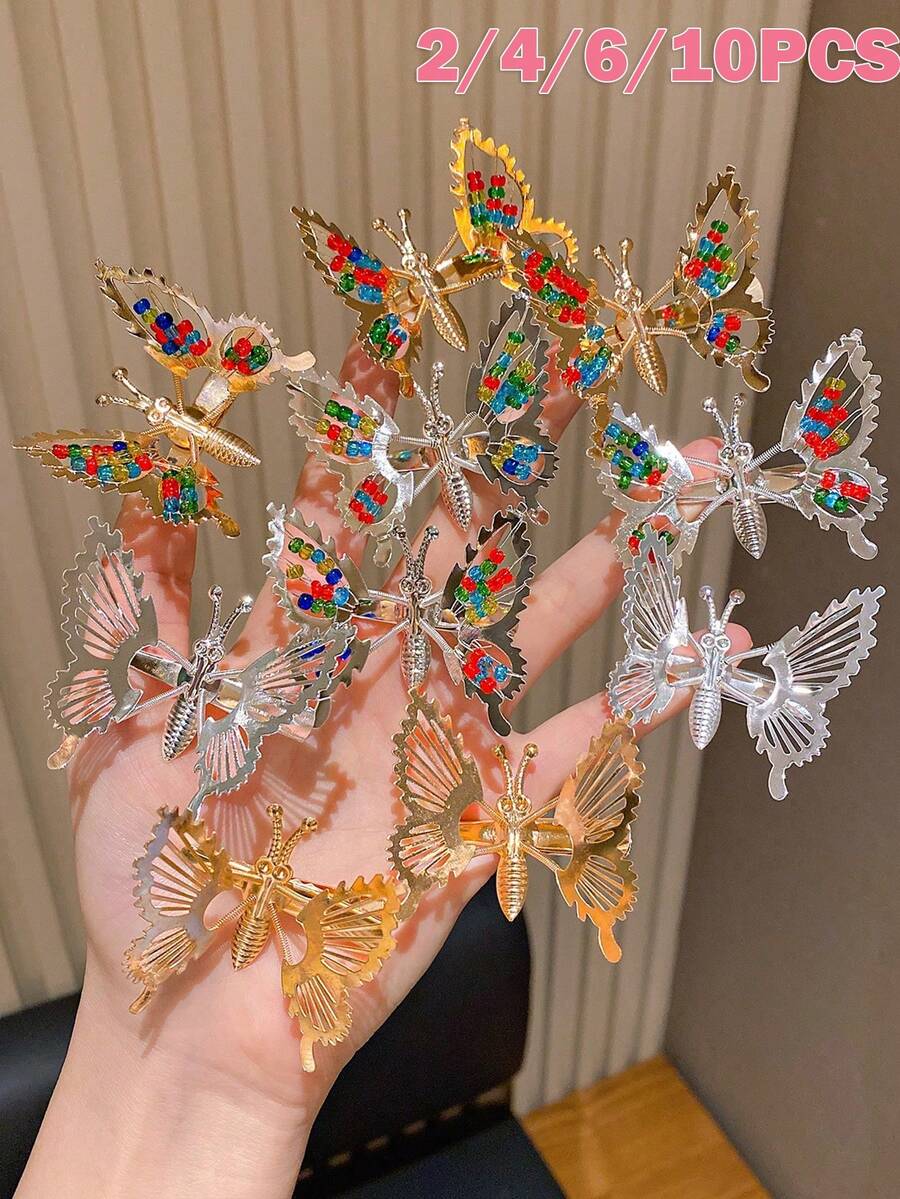 2/4/6/10入女童彩色蝴蝶髮夾附金色飾飾，適合日常使用，給可愛女孩的最佳禮物，完美適用於舞蹈、時裝秀、表演、婚禮、晚宴、生日派對、學校、戶外玩耍，品質優良，蝴蝶設計營造夢幻氛圍，成為造型亮點，蝴蝶髮夾，女童髮夾，女孩喜歡的東西，給女孩的禮物