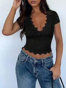 Plus Size Women's Valentine's Day Sexy V-Neck Lace Hollow Out Fitted Knit Short Sleeve Top Casual Black Summer - Black - View 9