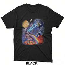 Funny Cat Flying A Pizza Astronaut In Space Galaxy Cat T-Shirt - 黑色 - 查看 1