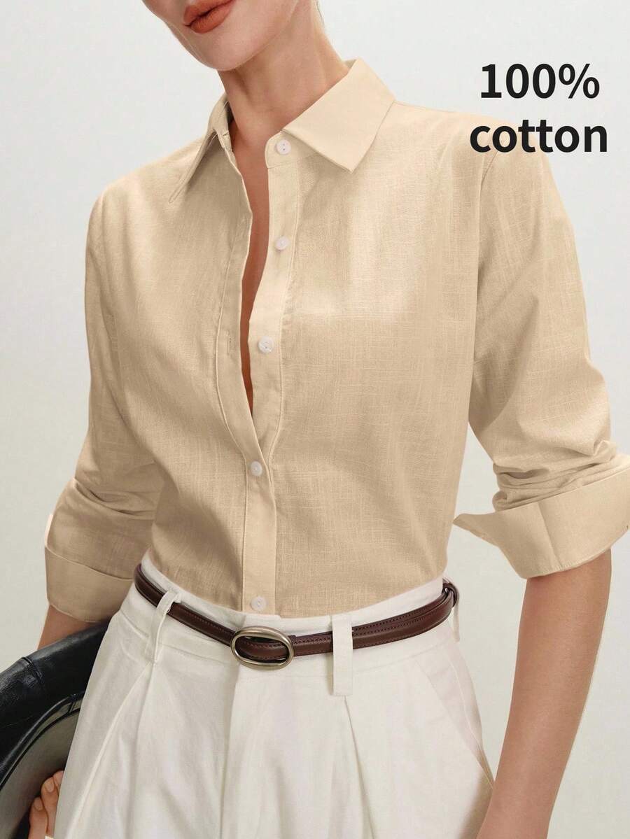 Camisa de mujer de color sólido con cuello y botones frontales, elegante y con estilo para el uso diario en la ciudad, estilo retro romántico de los 90, versátil y sencilla - Caqui - Ver 1