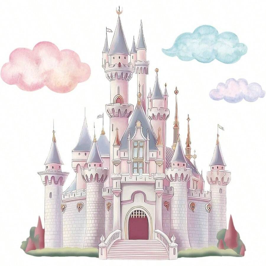 - Calcomanas de pared de castillo de princesa, calcomana de pared de castillo de hadas de nubes, vinilo extrable para decoracin de pared para nias, recmara, cuarto de beb, sala - rosa - Ver 1