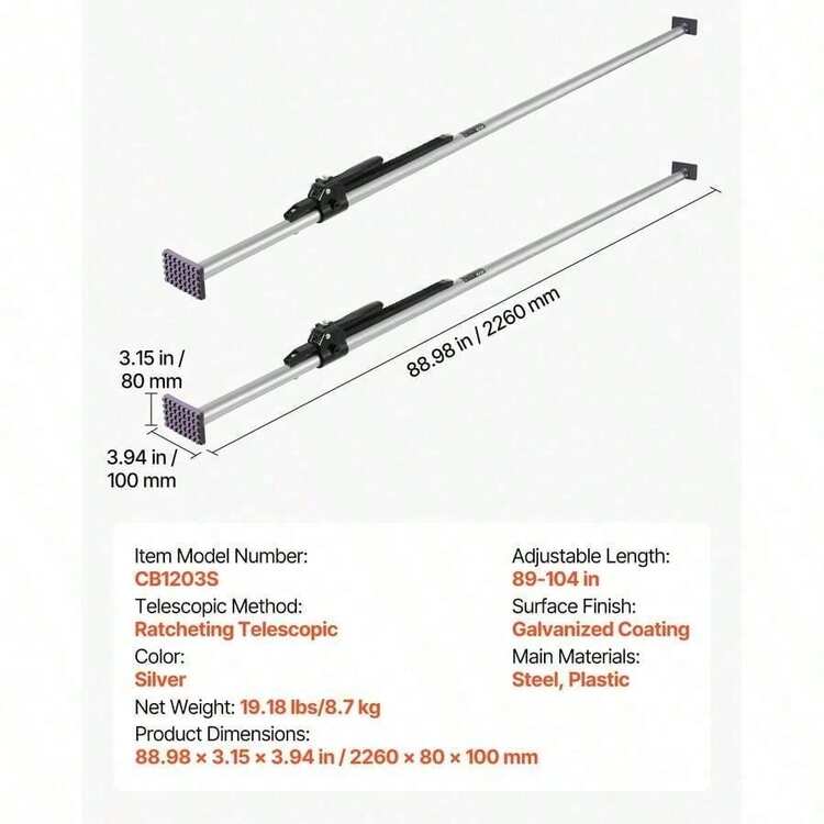 [Free Shipping] Load Stabilizer Bars 89"-104" For Box Trucks Semi-Trailers Trailers, Heavy-Duty Steel Ratcheting Mechanism Rubber Foot Pads 2PCS - 預設值0 - 查看 8