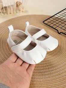 1 Pair Girls' Ruched PU Hook & Loop Design Flat Mary Jane Solid Color Casual Princess Style Shoes, Suitable For Autumn - White - View 1