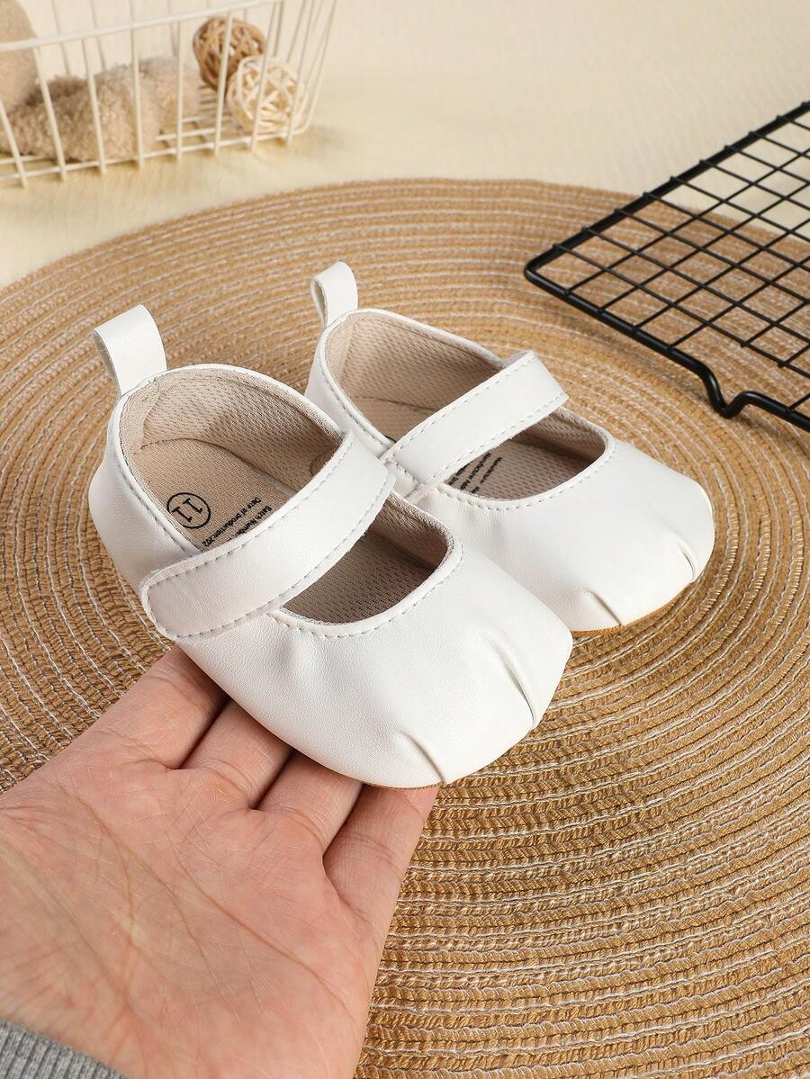 1 Pair Girls' Ruched PU Hook & Loop Design Flat Mary Jane Solid Color Casual Princess Style Shoes, Suitable For Autumn - White - View 1