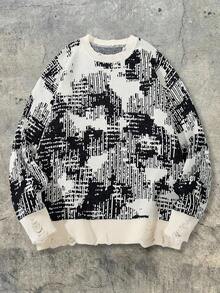 ANDREILEE Men's Fashion Casual Versatile Daily Commute Home Wear Distressed Graphic Crew Neck Long Sleeve Loose Ribbed Pullover Knit Sweater Autumn/Winter - Apricot - View 5