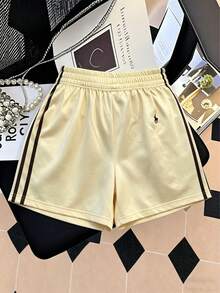 Solid Color Contrast Trim Elastic Waist Loose Shorts Summer - Light Yellow - View 11