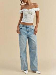 Top corto de encaje con hombros descubiertos para mujer, blusa ajustada con frente con nudo y volante - Blanco - Ver 5