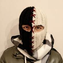 Men's Headgear Autumn/Winter Knit Hat Black And White Color Block Warm Face Mask Balaclava Hat Unique Stylish Funny Stitched Headgear - Black and White - View 4